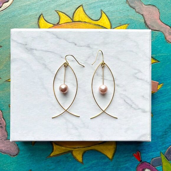 Handmade Gold Fish Earrings with Cream Faux Pearl Bead - Recycled Materials - Picture 1 of 4